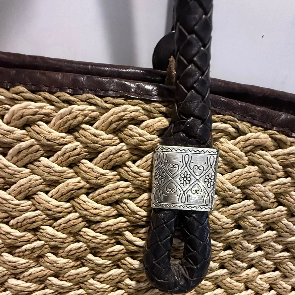 Brighton Tote Woven Jute Braided Leather Handles & Charms - Picture 8 of 11